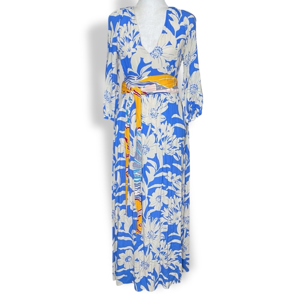 Anthropologie Maeve Boho Blue Floral Kimono Belted Long Dress 3/4 Sleeve Sz 6